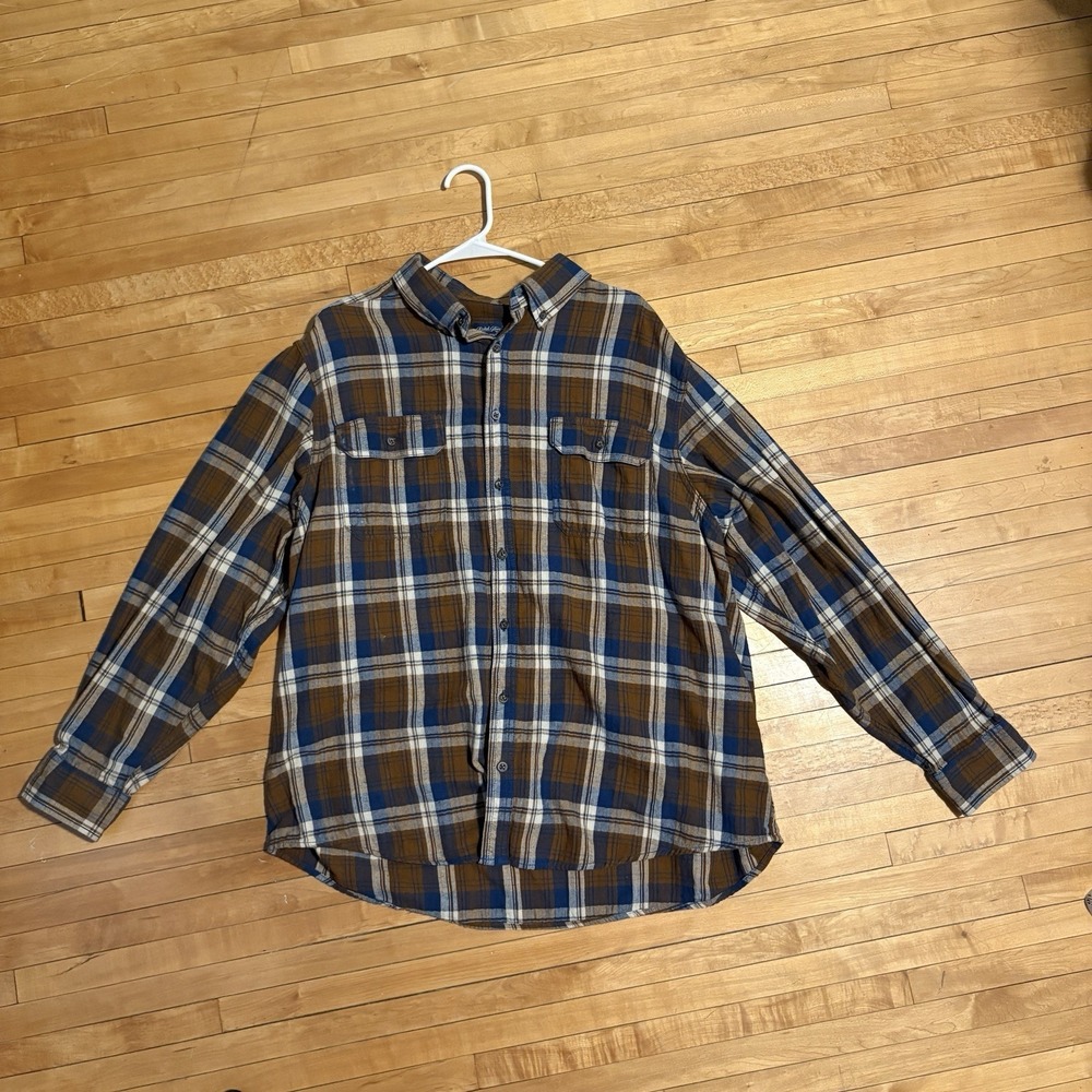 Faded Glory Brown Blue Plaid 100 % Cotton Flannel Button-Up Shirt Men's 2XL